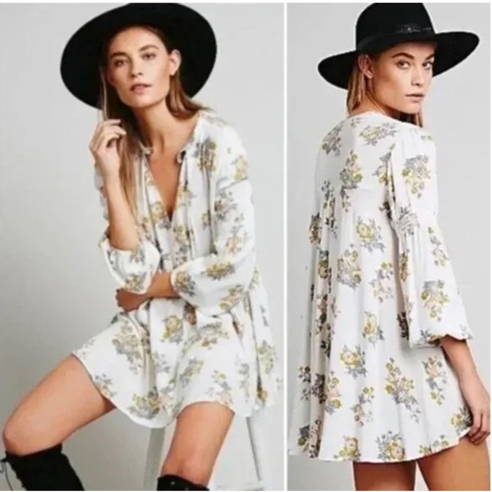 Free People‎ Tree Swing Tunic Dress Small Trapeze Ivory Floral Long Sleeve Boho
